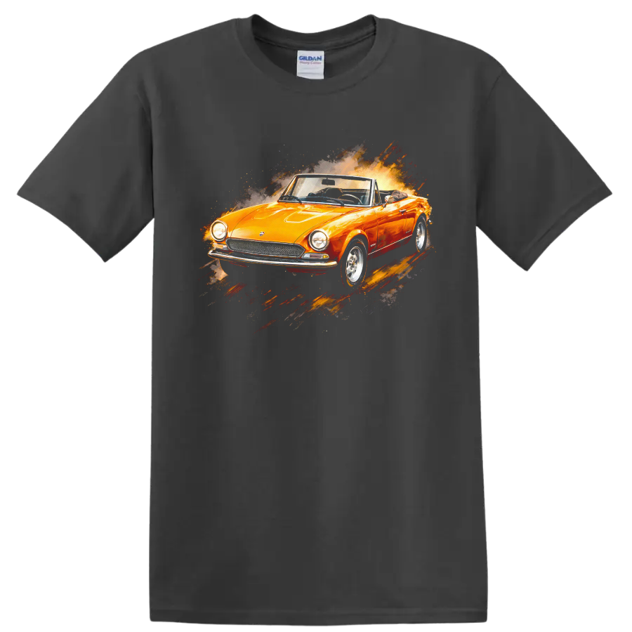 Orange Fiat 124 Sport Spider convertible with splash-style graphic print T shirt on a Charcoal T Shirt