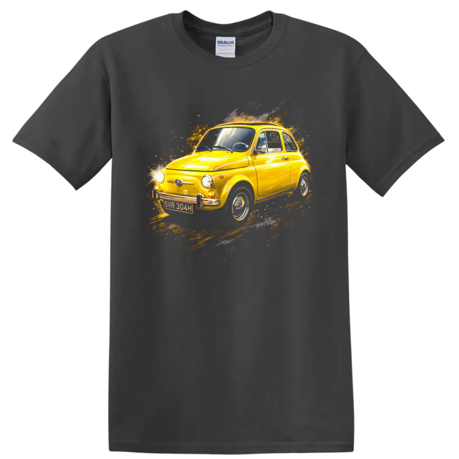 Yellow Fiat 500 classic car with retro splash graphic print T shirt on a Charcoal T Shirt