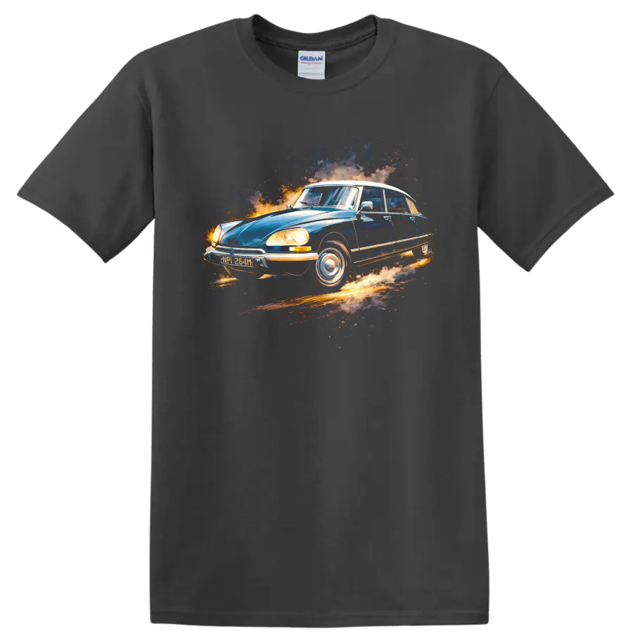 Blue Citroën DS classic car graphic print T shirt on a Charcoal T Shirt