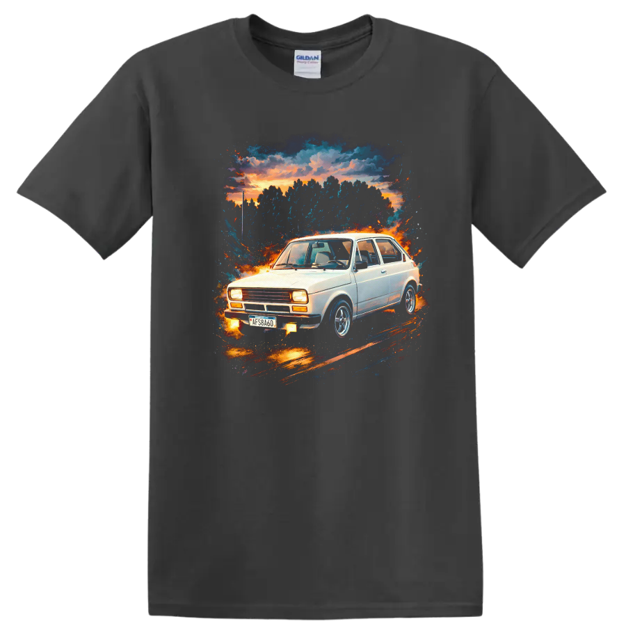 Fiat 147 old car graphic print with sunset and splatter artwork on a T shirt on a Charcoal T Shirt