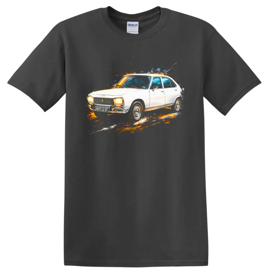 White Peugeot 504 classic car with colorful paint-splash graphic print on a Charcoal T Shirt