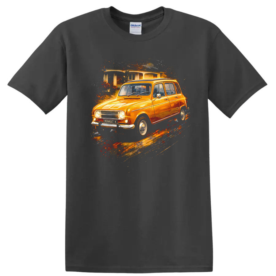 Orange Renault 4 classic car graphic print with painterly splash effect on a Charcoal T Shirt