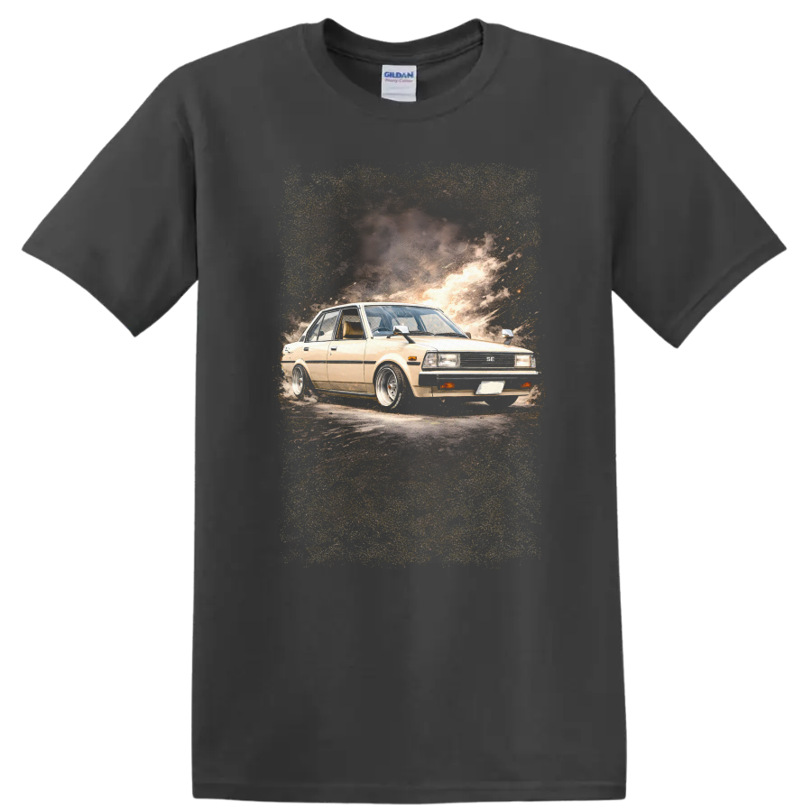 Beige Toyota Corolla KE70 old car graphic print with smoky automotive backdrop on a Charcoal T Shirt