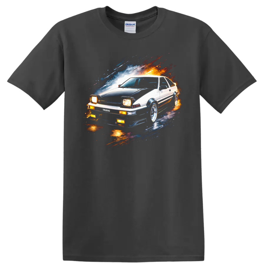 Toyota Sprinter Trueno AE86 car graphic print with racing motion streaks on T shirt on a Charcoal T Shirt