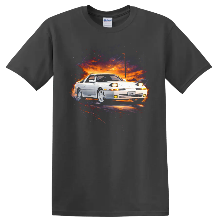 White Toyota Supra MK3 car art on a sunset background graphic T shirt on a Charcoal T Shirt