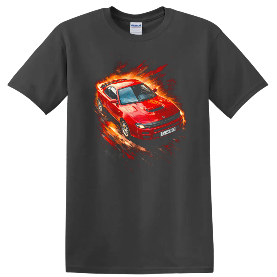 Red Toyota Celica GT-Four RC with explosive motion paint-splash graphic on a black T-shirt on a Charcoal T Shirt