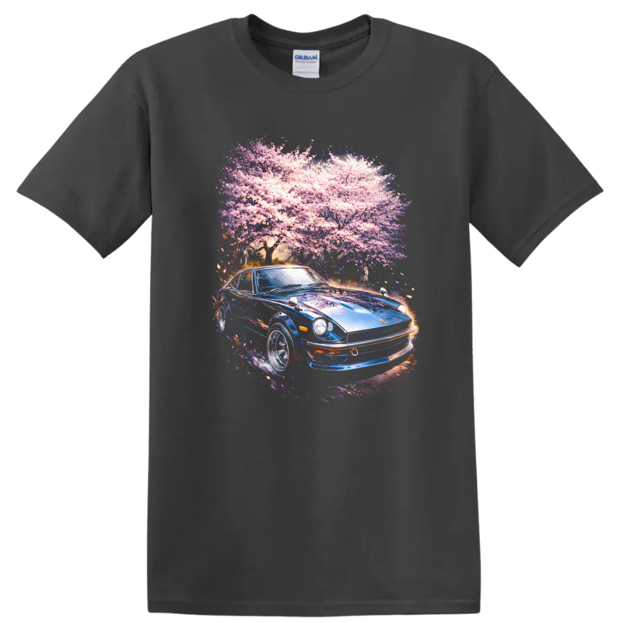 Blue Datsun 240Z under pink cherry blossoms graphic print T Shirt on a Charcoal T Shirt