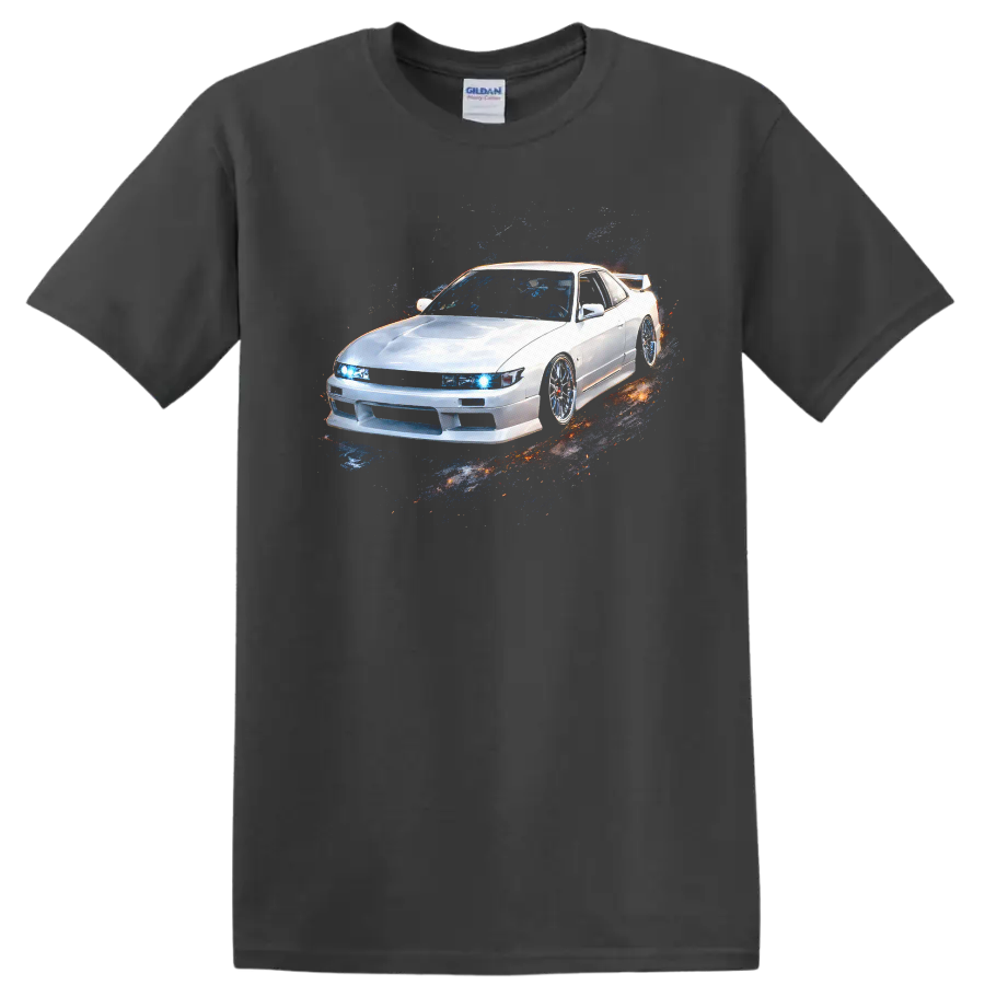 White Nissan Silvia S13 car graphic with blue headlights and pixel splash effect on a Charcoal T Shirt
