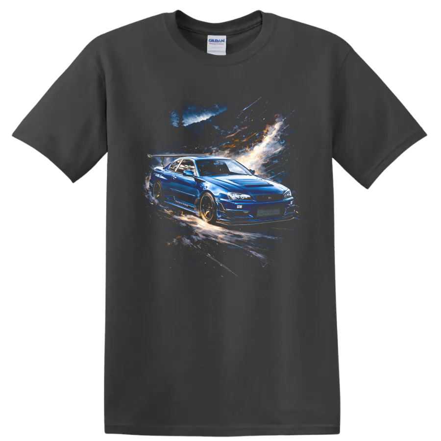 Blue Nissan Skyline GT-R R34 street racing graphic print T shirt on a Charcoal T Shirt