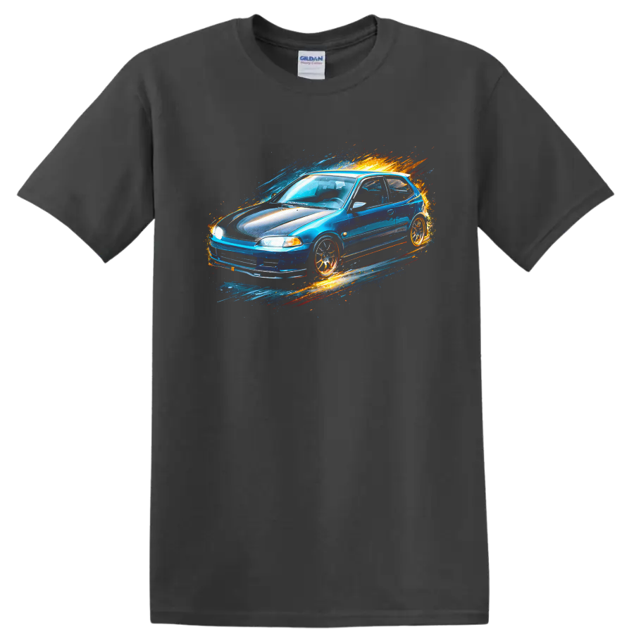 Blue Honda Civic EG hatchback with colorful splash graphic print on a Charcoal T Shirt