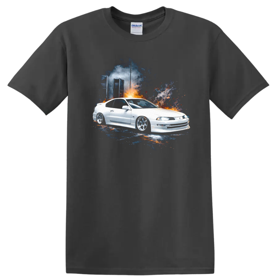 White Honda Prelude with colorful smoke graphic print T shirt on a Charcoal T Shirt