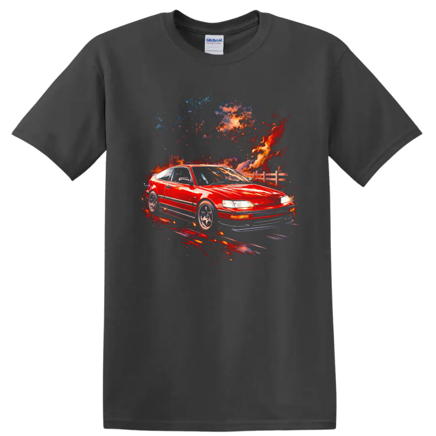 Red Honda CRX VTEC with colorful abstract flames graphic on black T shirt on a Charcoal T Shirt