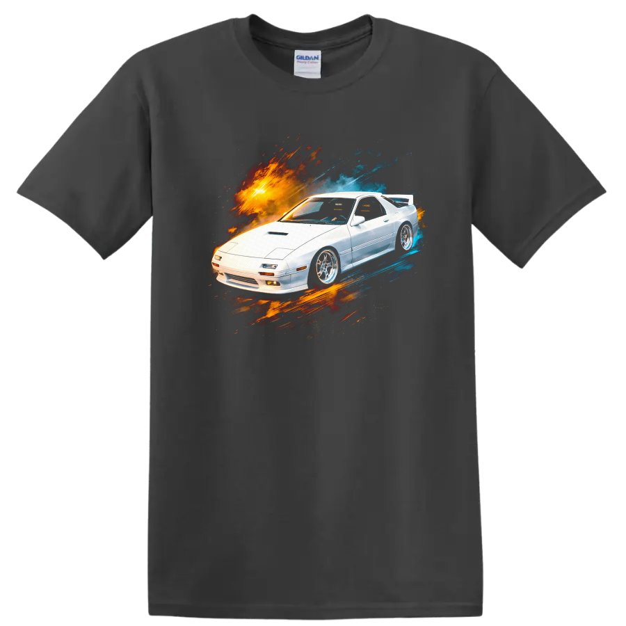 White Mazda RX-7 FC3S with orange and blue paint burst graphic on black on a Charcoal T Shirt