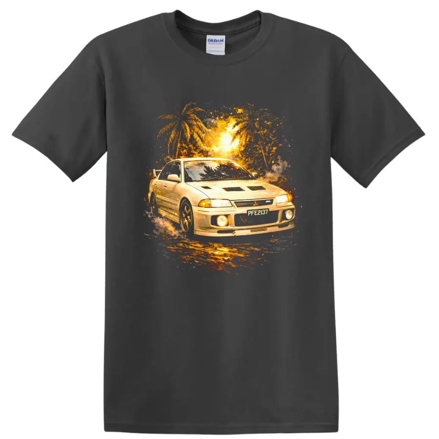 Mitsubishi Lancer Evolution III car graphic with palm trees and glowing sunset on a Charcoal T Shirt