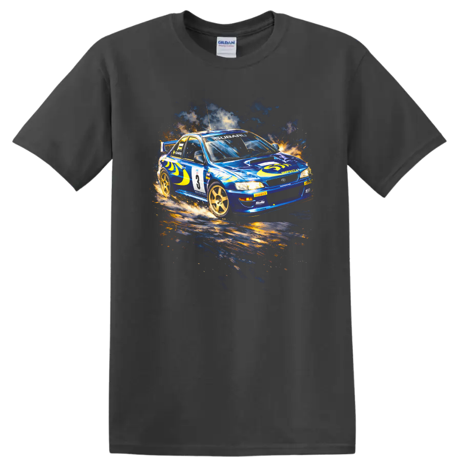 Blue Subaru Impreza WRC rally car graphic print T shirt on a Charcoal T Shirt
