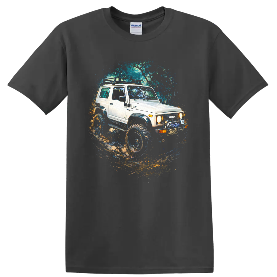 1992 Suzuki Jimny lifted off road SUV graphic print T shirt on a Charcoal T Shirt