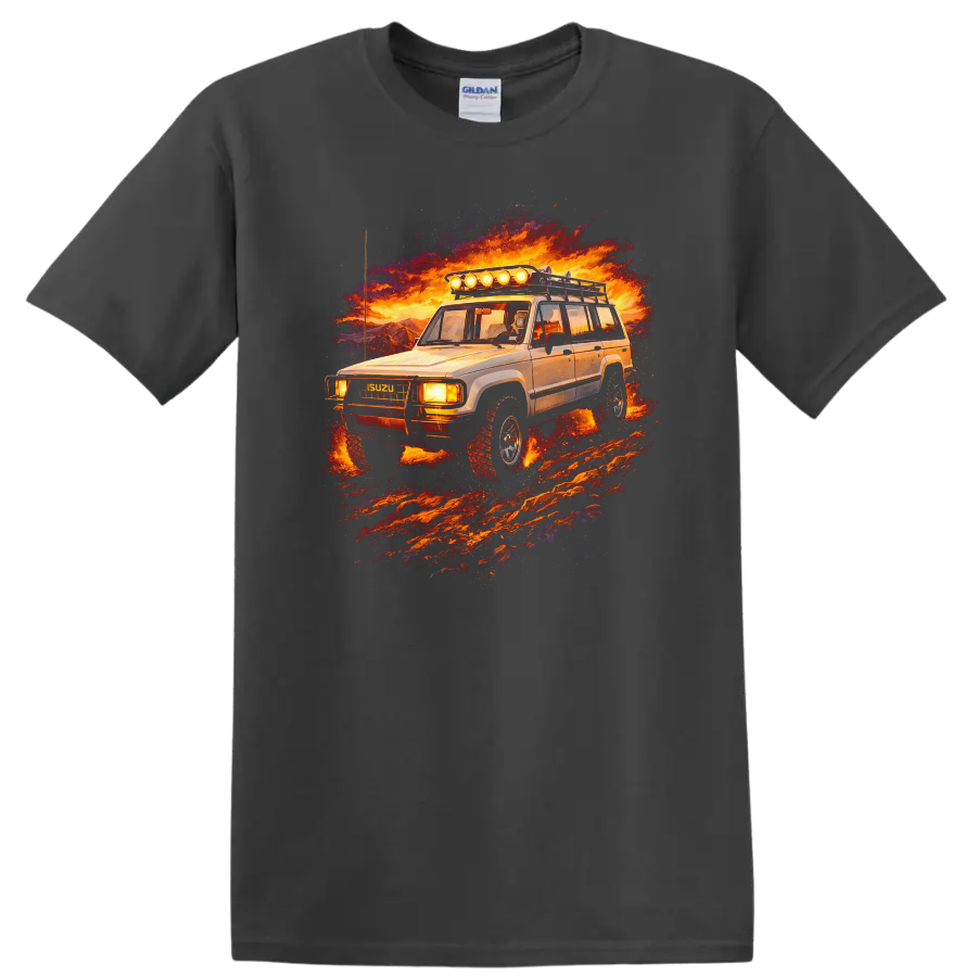Isuzu Trooper old car graphic print with fiery off road scene on a Charcoal T Shirt