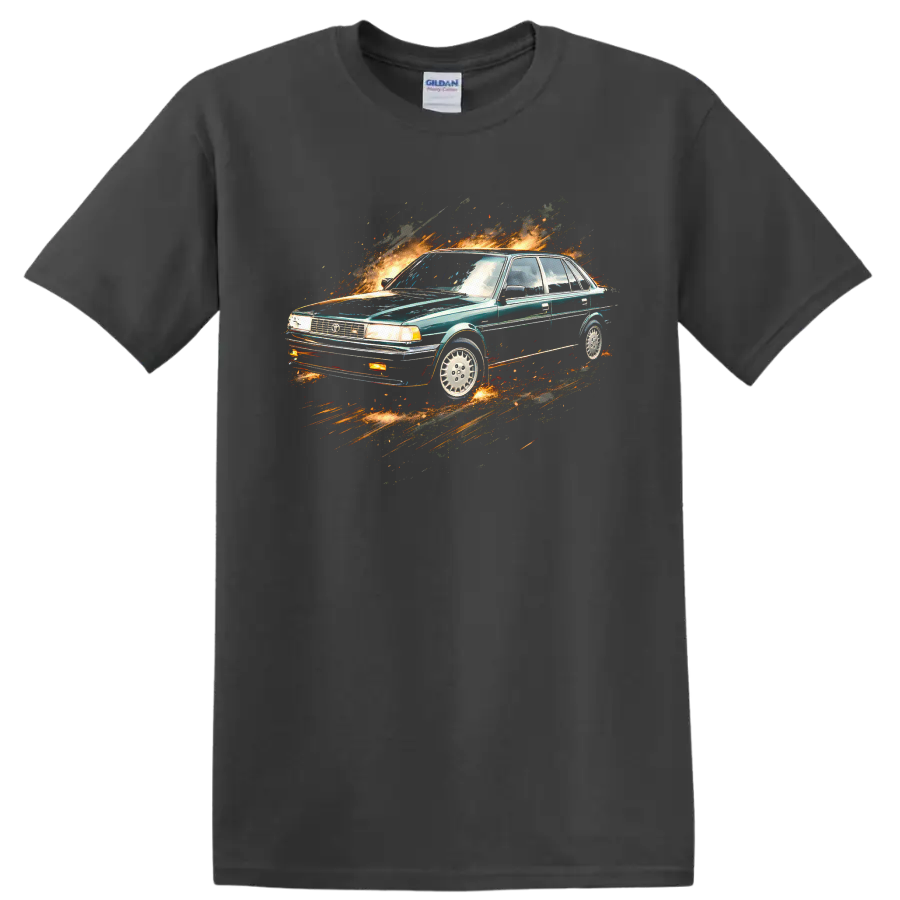 Toyota Camry II sedan graphic print with fiery motion effect on a Charcoal T Shirt