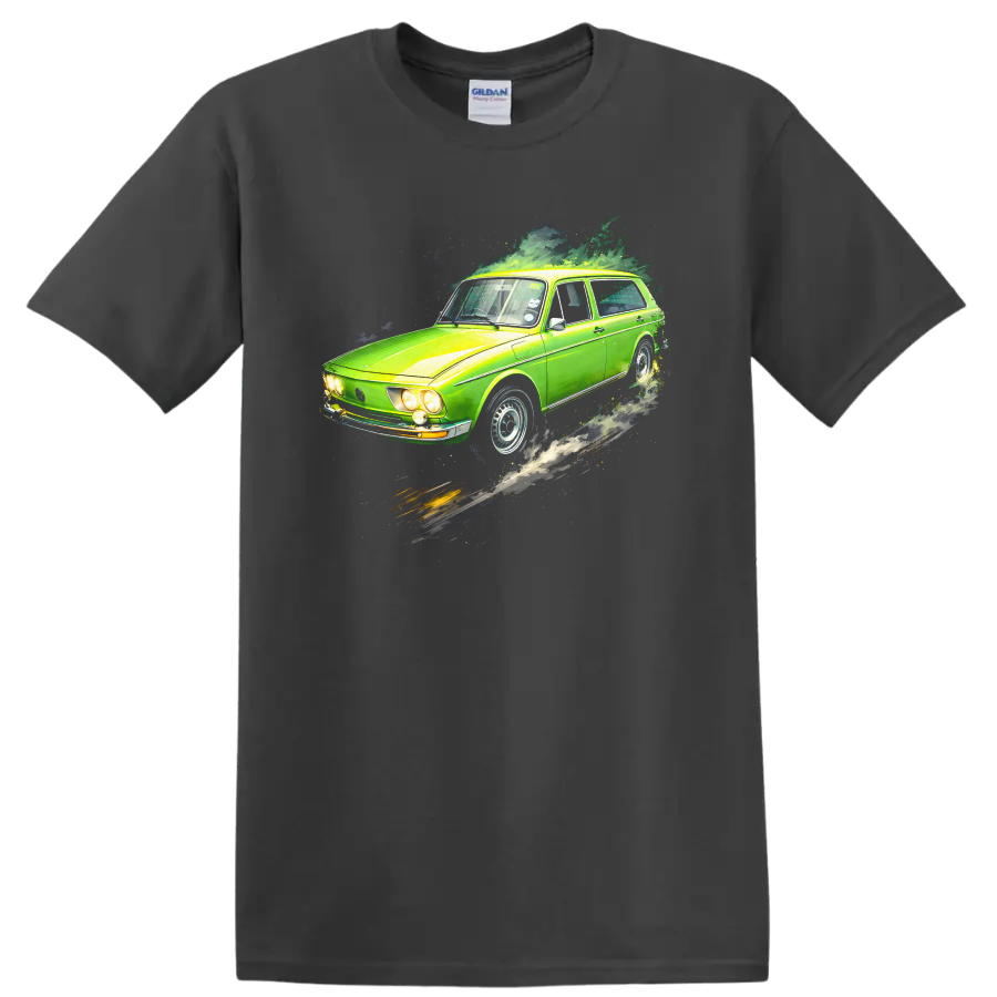 Green Volkswagen Brasília old car graphic print T-shirt on a Charcoal T Shirt