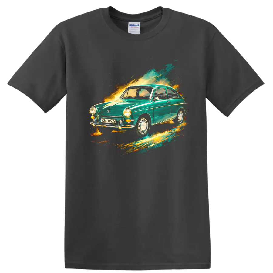 Vintage Volkswagen Type 3 car with colorful paint-splash graphic print T-shirt on a Charcoal T Shirt