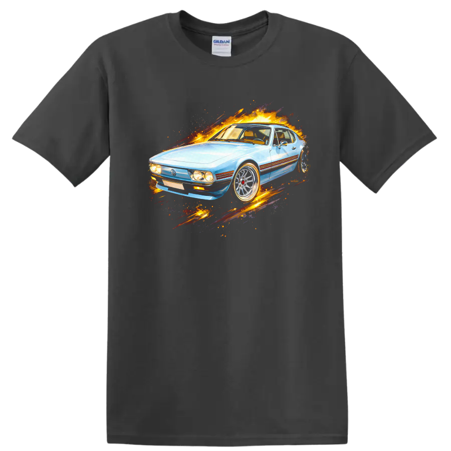 Light blue Volkswagen SP2 old car graphic print with fiery motion effects on a Charcoal T Shirt