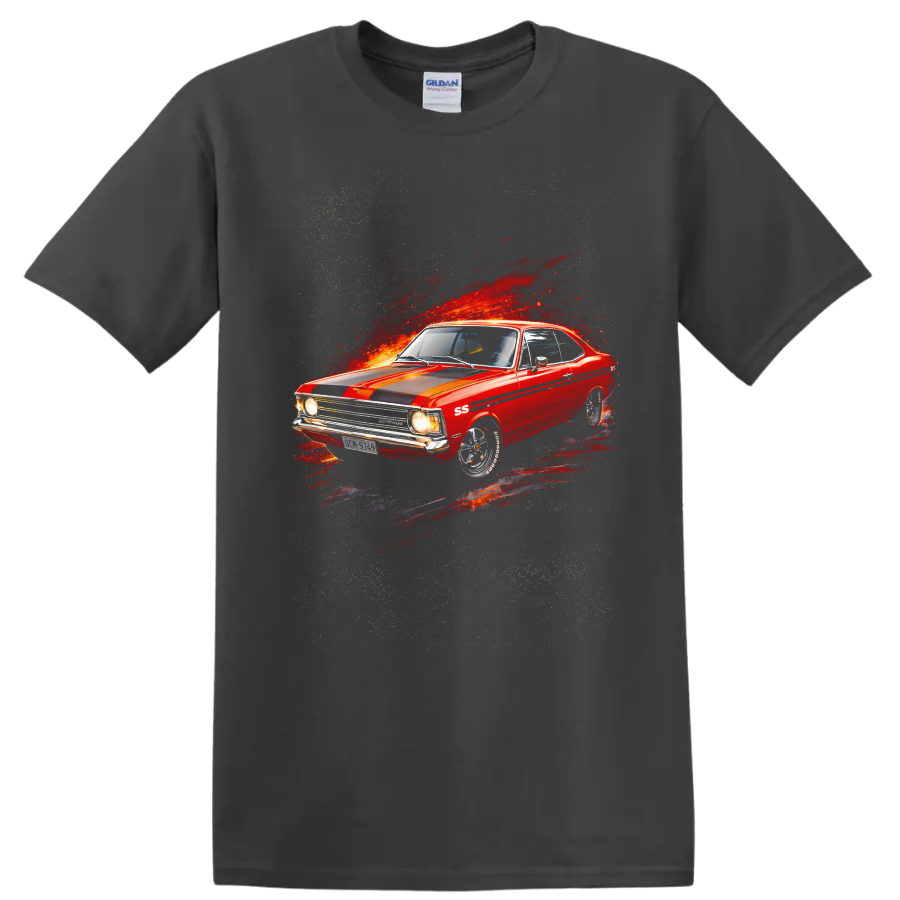 Red Chevrolet Opala SS classic car graphic print T shirt on a Charcoal T Shirt