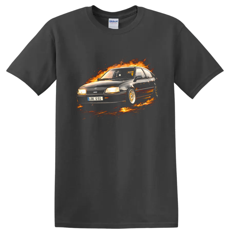 Opel Kadett E GSi car surrounded by flames graphic on T shirt on a Charcoal T Shirt