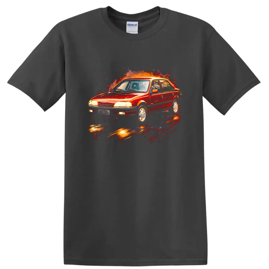 Red Chevrolet Monza old car graphic with fiery burst on a T shirt on a Charcoal T Shirt