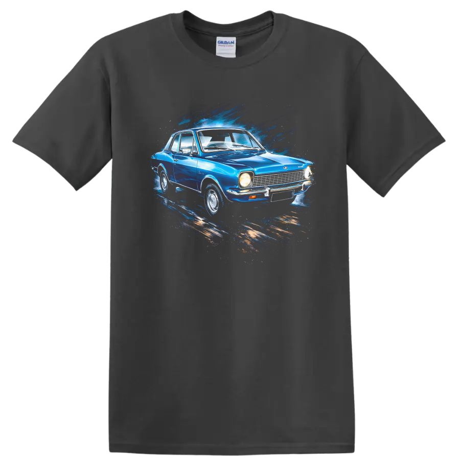 Blue Ford Corcel old car with splash art graphic print T shirt on a Charcoal T Shirt
