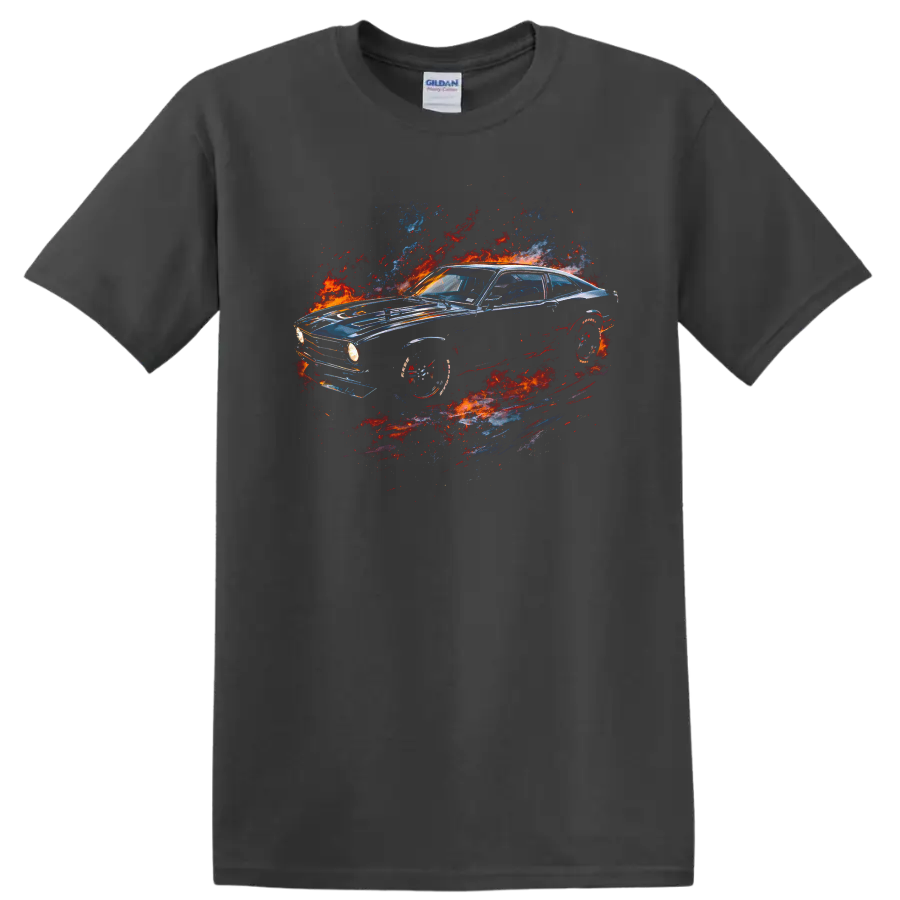 Vintage Ford Maverick car with fiery blue red graphic print on black T shirt on a Charcoal T Shirt