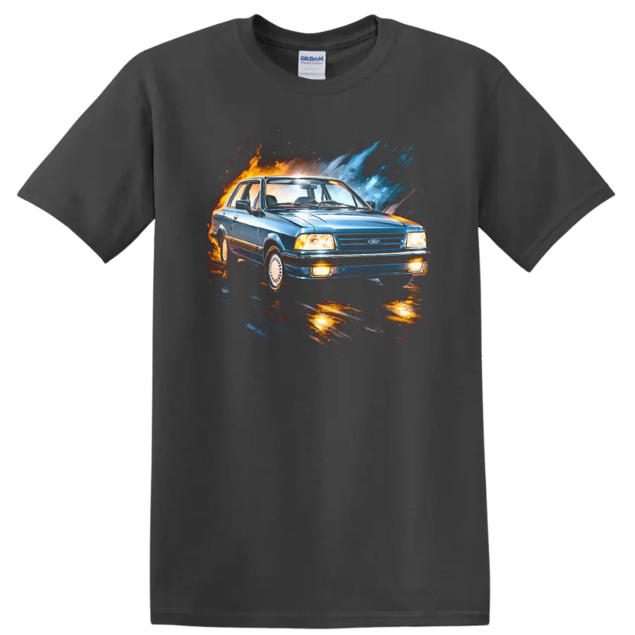 Blue Ford Del Rey classic car with orange and blue splash effects graphic print on a Charcoal T Shirt