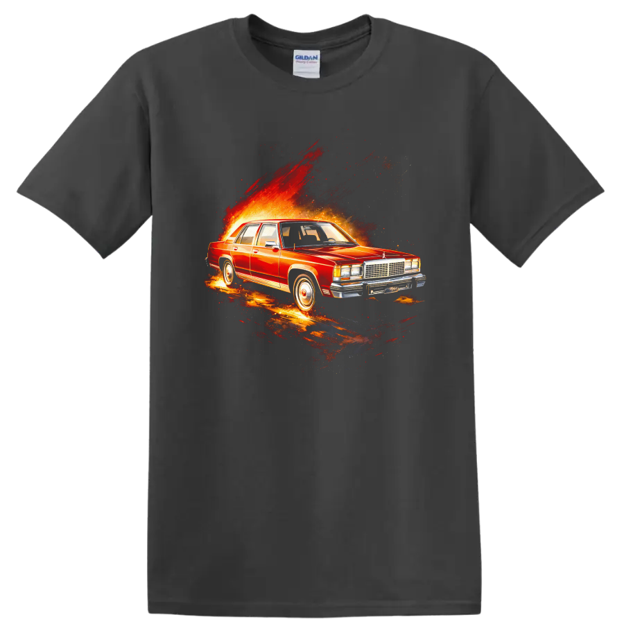 Red Ford LTD old car with fiery burst graphic print on a black T shirt on a Charcoal T Shirt