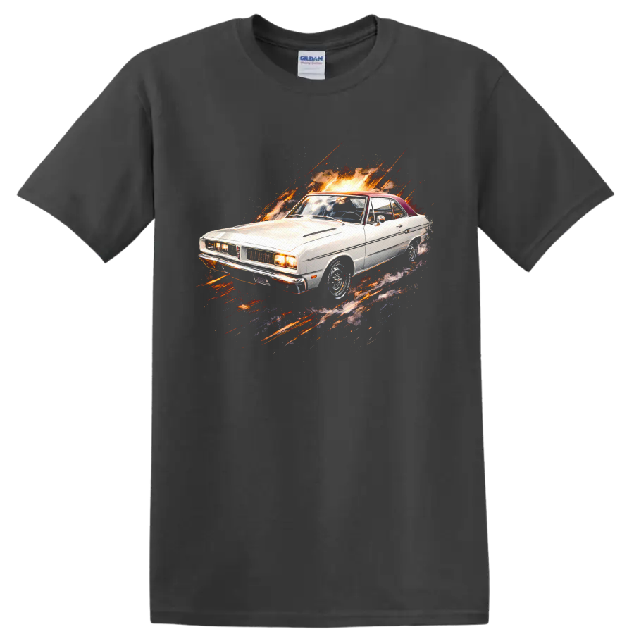White Dodge Dart old car with fiery graphic burst on a black T-shirt on a Charcoal T Shirt