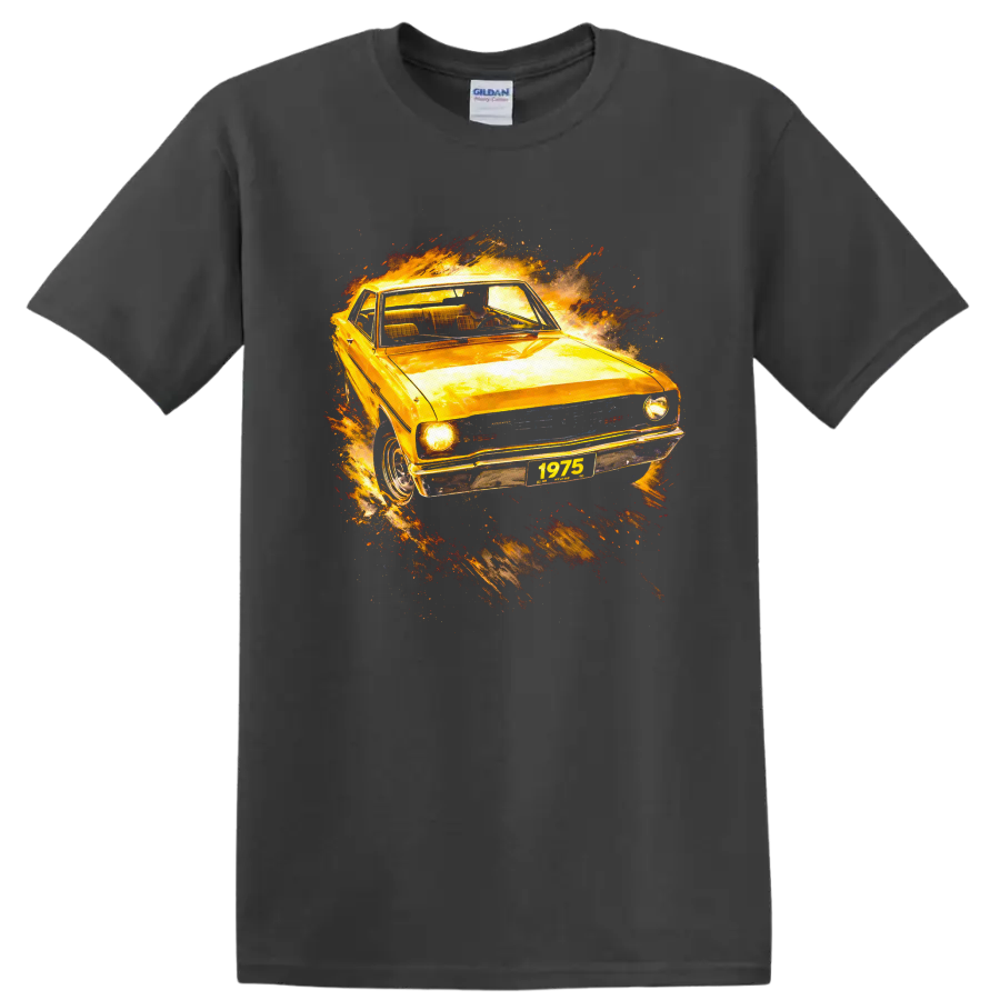 1975 Dodge Dart with fiery vintage car graphic print on T shirt on a Charcoal T Shirt