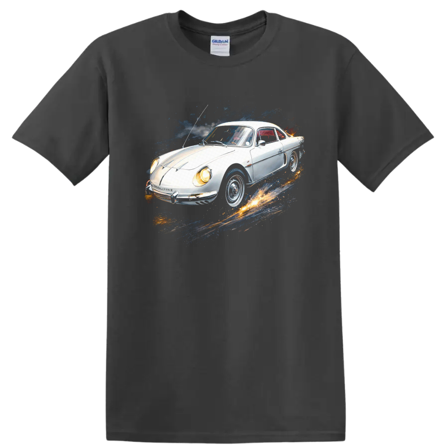 White Alpine A110 classic car with colorful splash graphic print on a Charcoal T Shirt