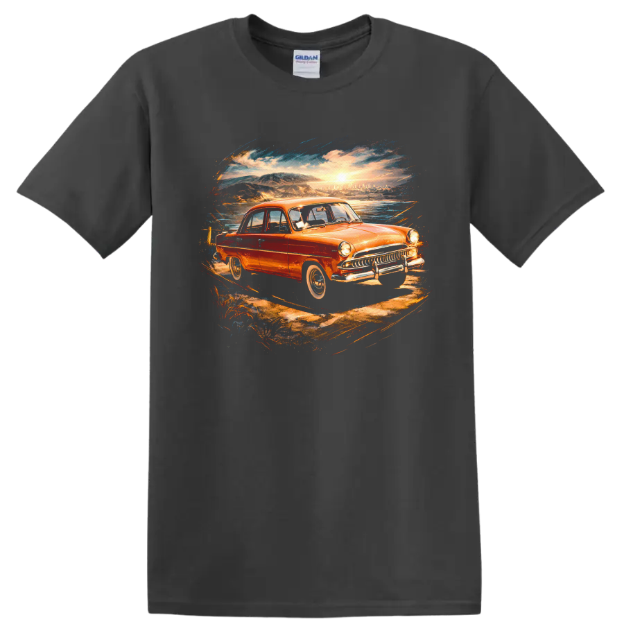 Aero-Willys 1962 old car sunset coastal graphic T shirt on a Charcoal T Shirt