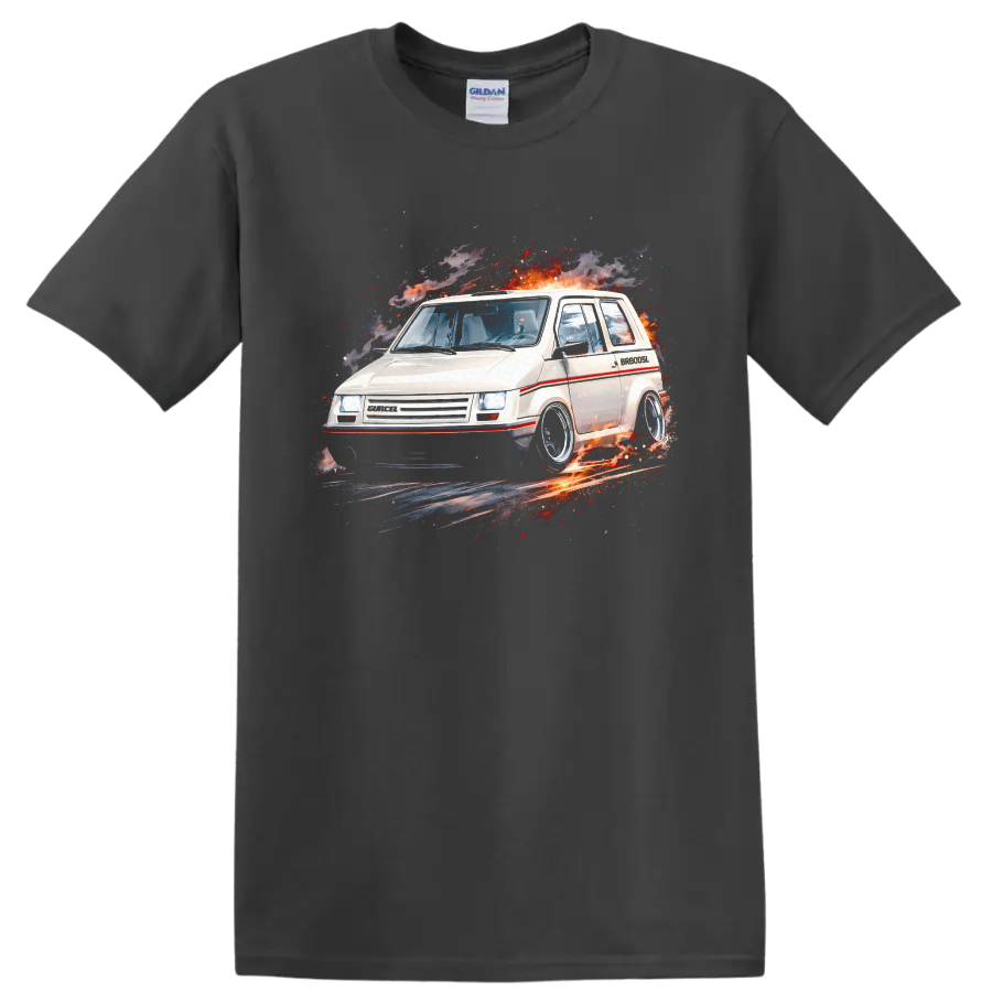 White Gurgel BR-800 old car with explosive retro graphic print on black T shirt on a Charcoal T Shirt