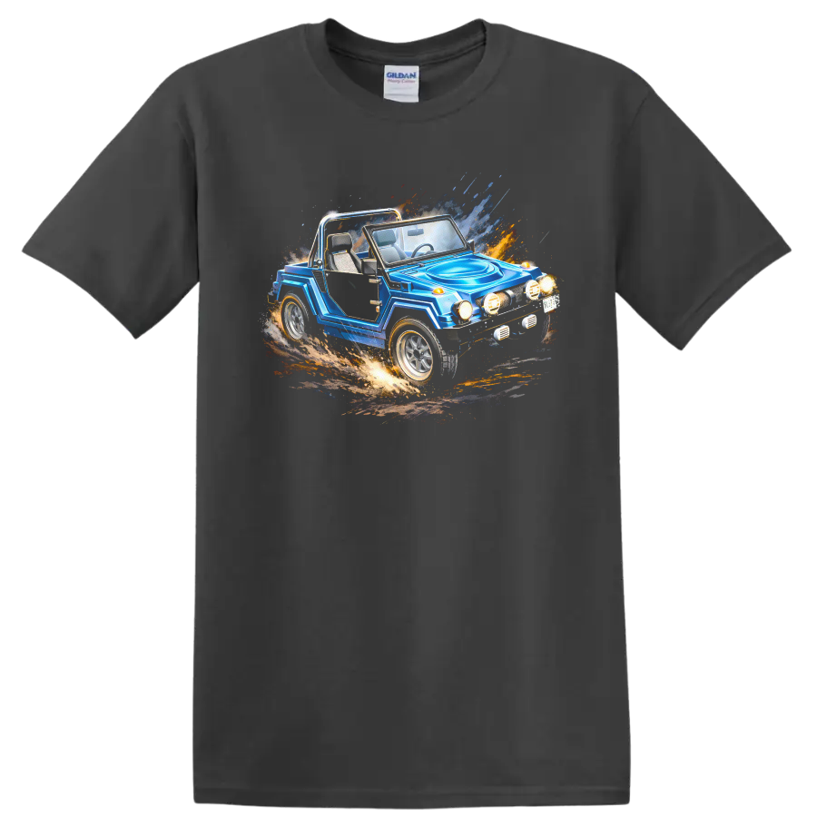 Blue Gurgel X12 off-road car graphic print with motion splash effects on a Charcoal T Shirt