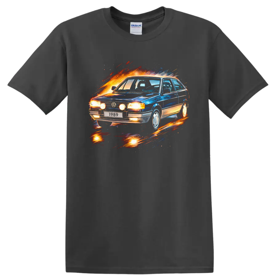 Vintage Volkswagen Gol car with fiery motion splash graphic print on T shirt on a Charcoal T Shirt