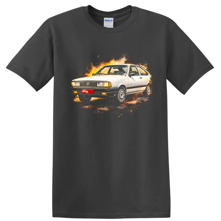 White Volkswagen Passat B1 surrounded by flames on a graphic print T-shirt on a Charcoal T Shirt