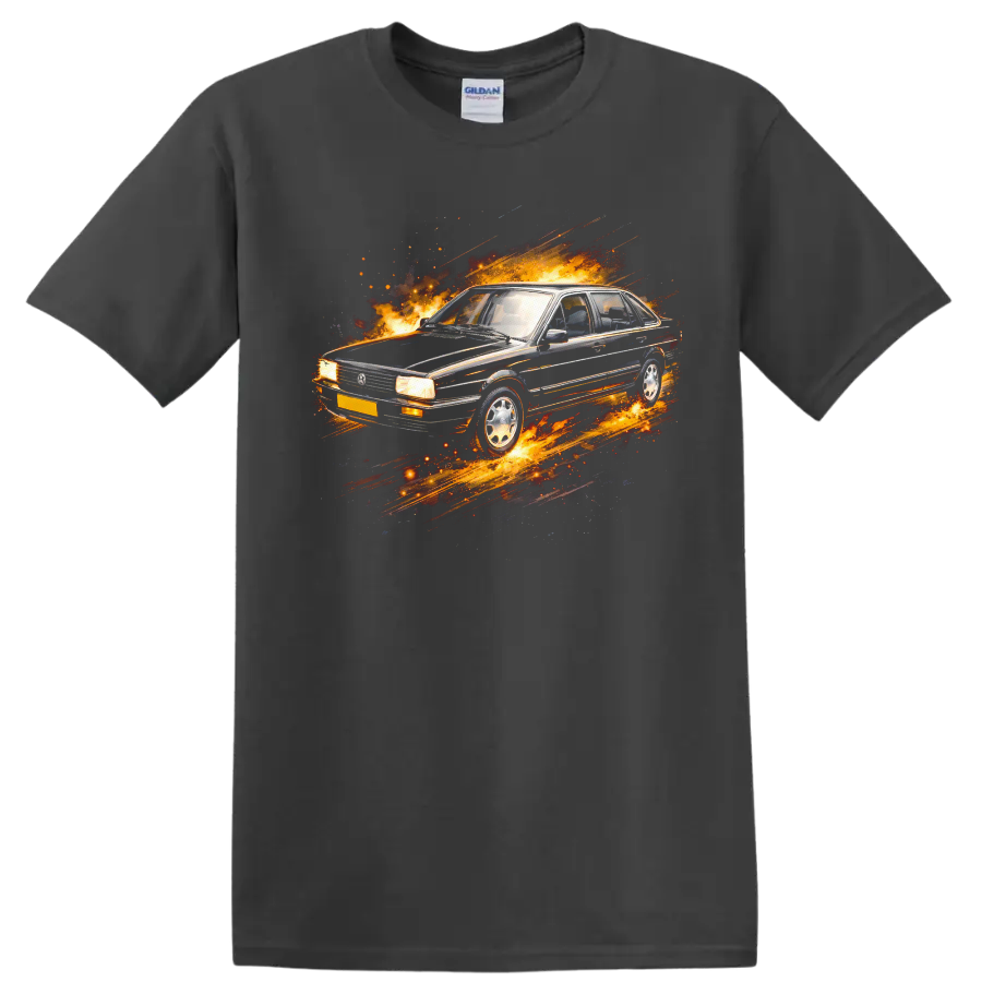 Volkswagen Santana old car with flames and motion streaks graphic print on T shirt on a Charcoal T Shirt