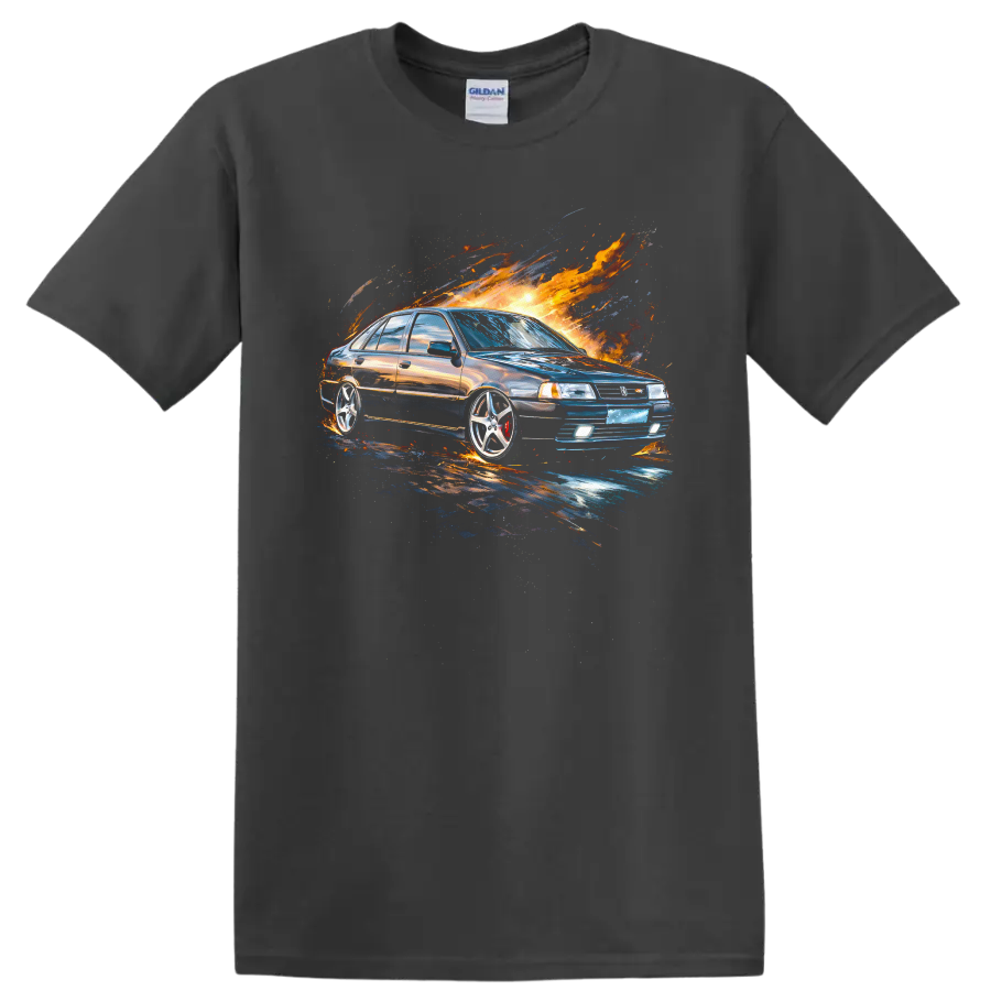 Nissan Cefiro A31 drifting car graphic with fiery splash artwork on T shirt on a Charcoal T Shirt