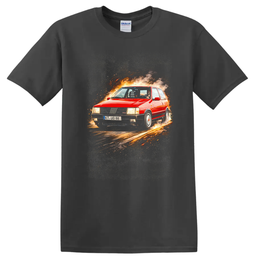 Red Fiat Uno Turbo i.e. MK1 graphic print with fiery smoke and sparks on a Charcoal T Shirt