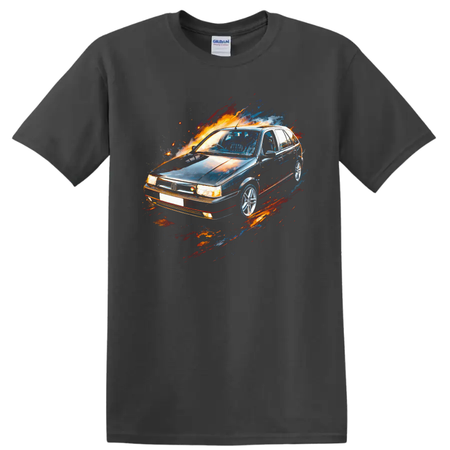 Fiat Tipo old car graphic print with colorful motion splashes on a Charcoal T Shirt