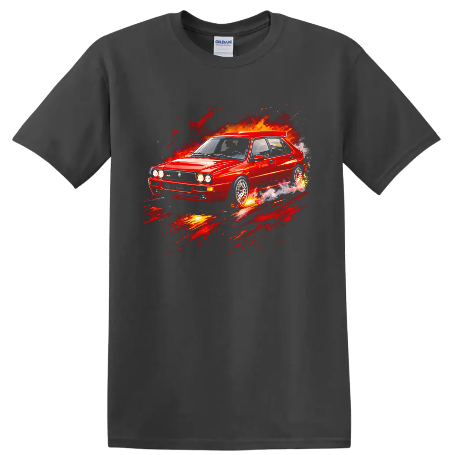 Red Lancia Delta HF Integrale Evo II old car graphic with fiery motion effects on a Charcoal T Shirt