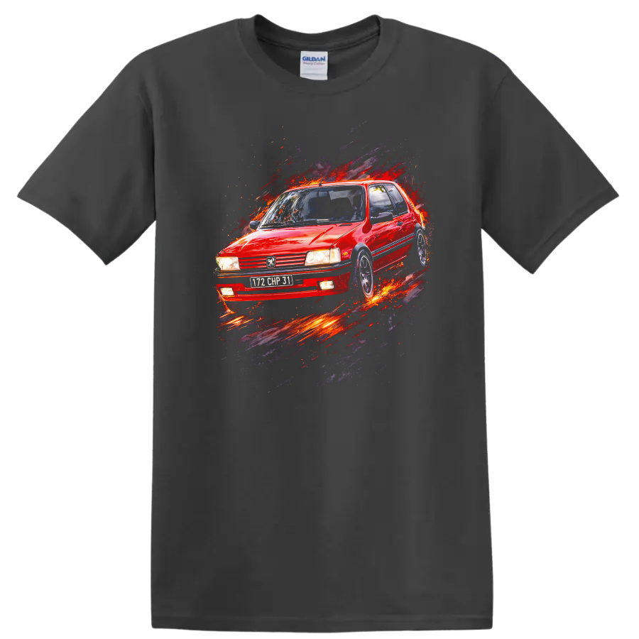 Red Peugeot 205 GTI old car graphic print with splash effect on a Charcoal T Shirt