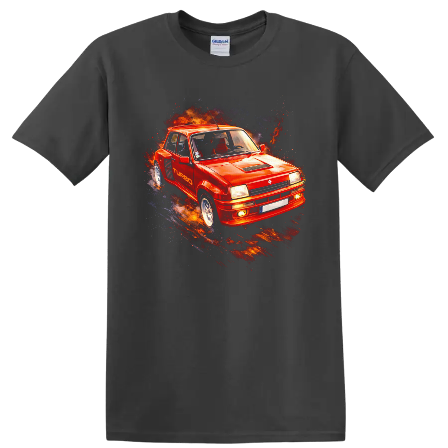 Renault 5 Turbo red old car graphic print T shirt with fiery racing splash on a Charcoal T Shirt
