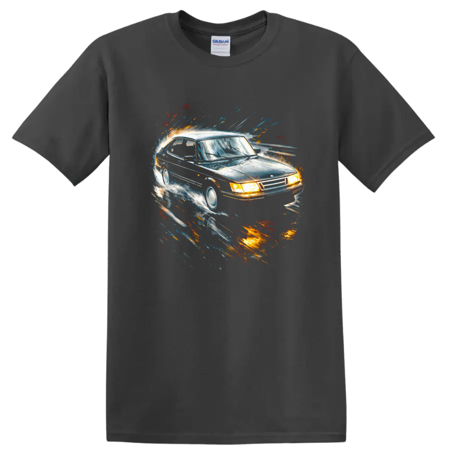 Saab 900 Turbo car graphic with colorful motion streaks on a black T shirt on a Charcoal T Shirt