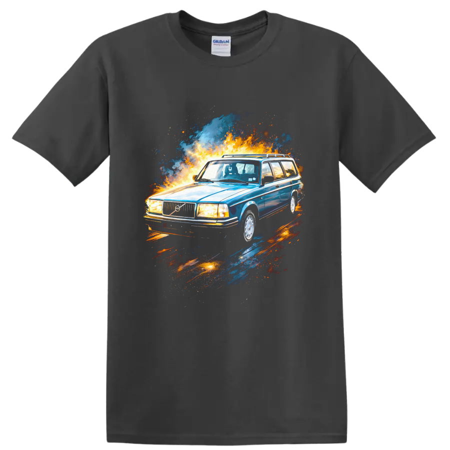 Blue Volvo 240 wagon with fire and paint splash graphic on T shirt on a Charcoal T Shirt