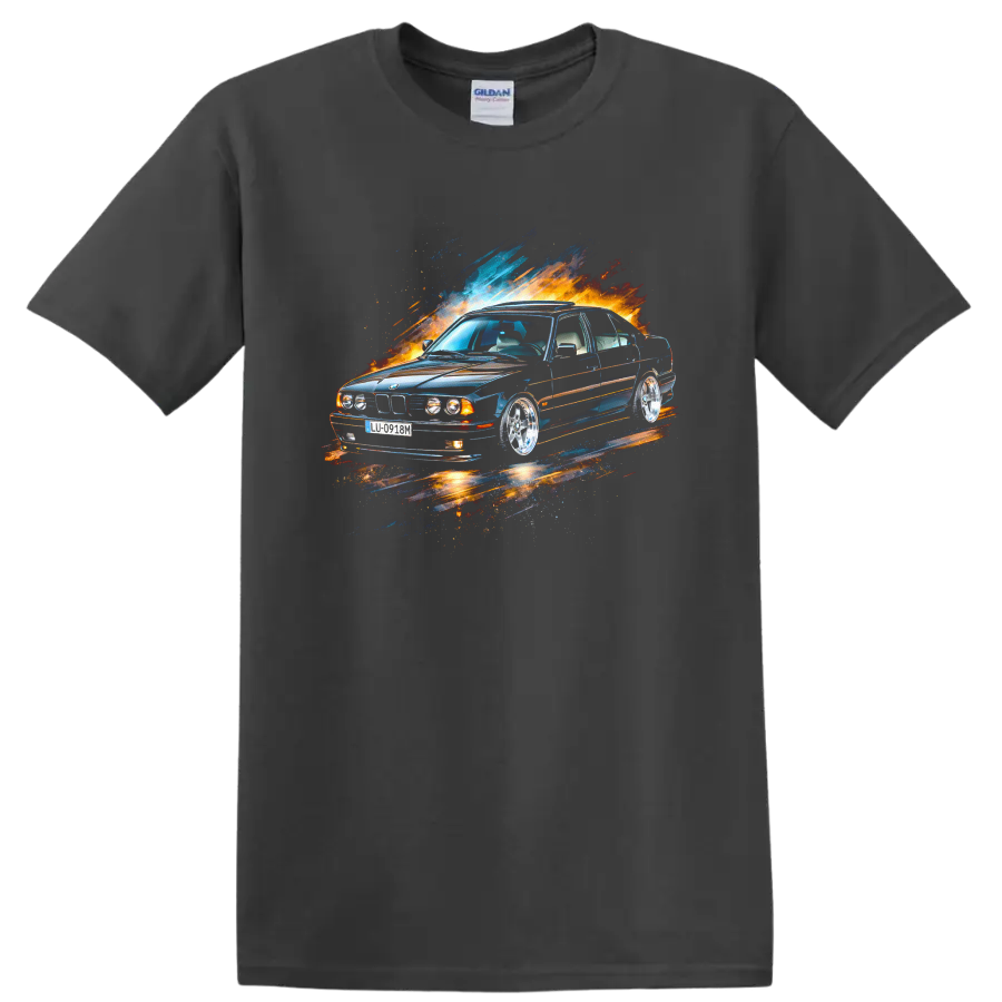 BMW E34 sedan graphic with blue and orange splash effects T-shirt on a Charcoal T Shirt